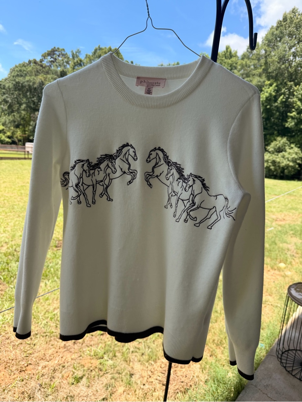 Philosophy Cream Sweater with Black Horse Line Art Size Small